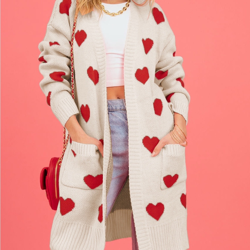 Heart Graphic Open Front Cardigan with Pockets